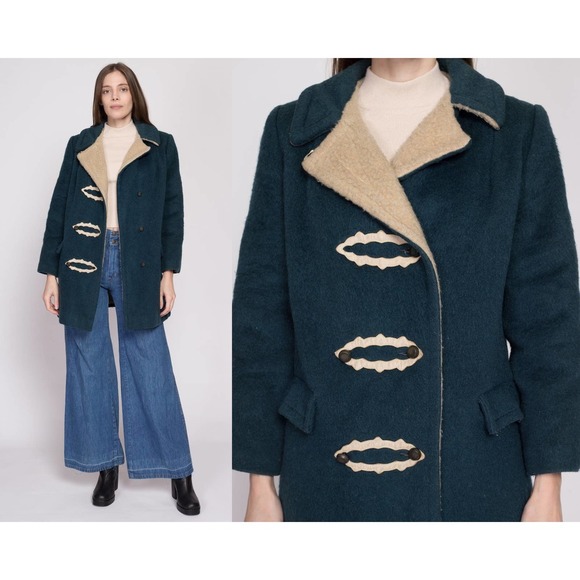 S-M| 60s 70s Emerald Green Double Breasted Coat - Petite Small to Medium - Picture 1 of 9